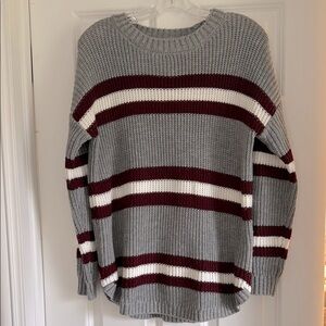 SO Women’s XL Gray, Burgundy and white Striped Women's Crew Neck Sweater